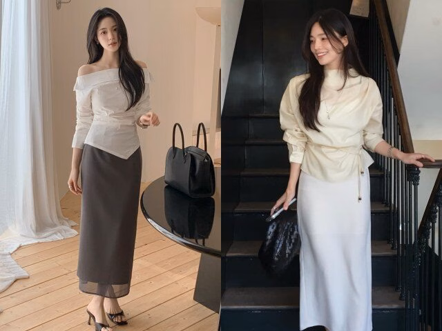 Áo blouse với các chi tiết điệu đà giúp cân bằng phom dáng suông, tạo nên tổng thể vừa gọn gàng vừa thu hút.